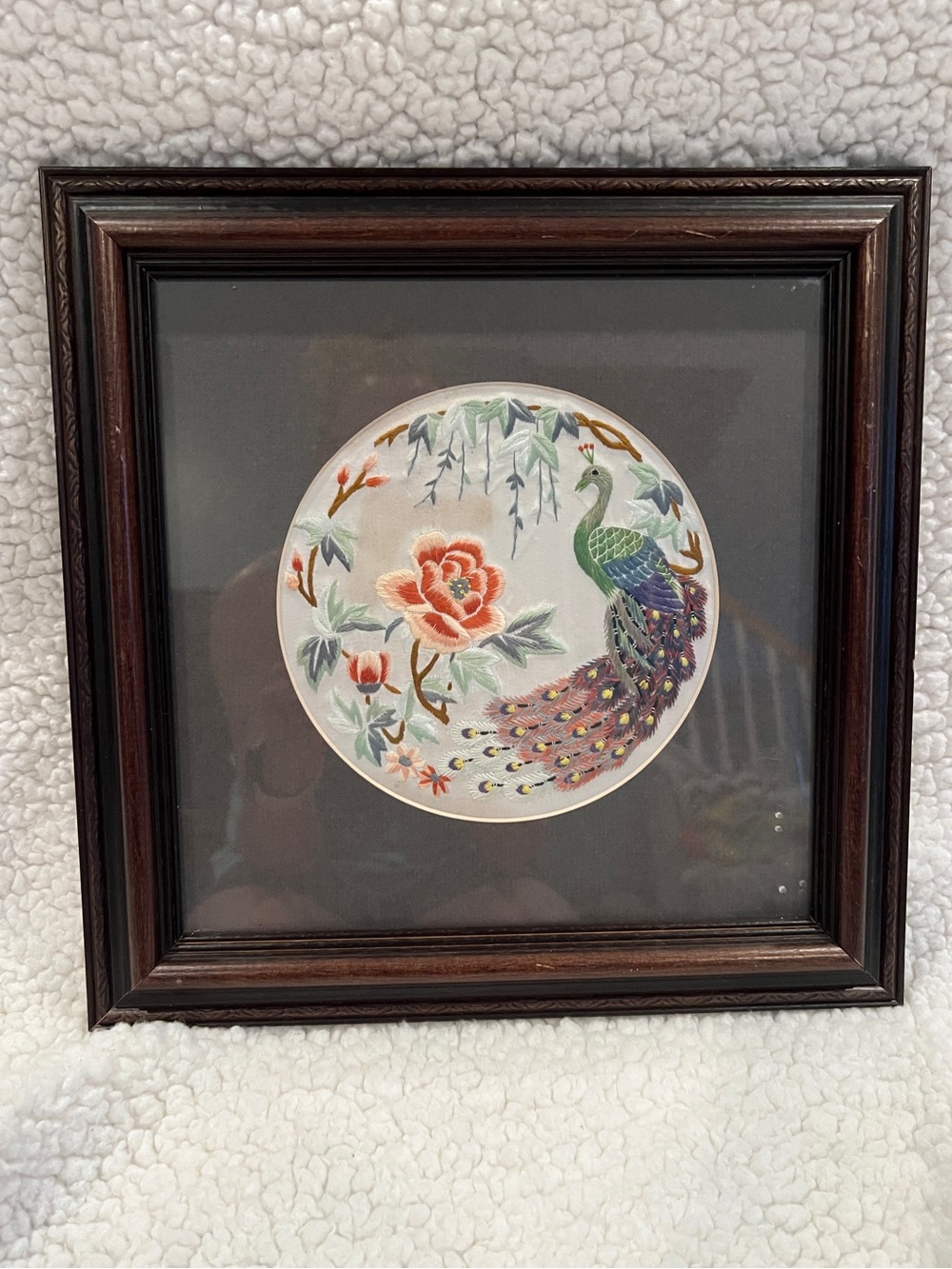 Vintage Chinese Silk Embroidery Art, peacock, flowers, beautiful, framed 12x12